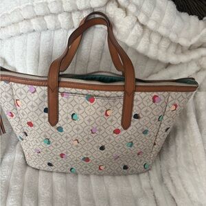 Fossil Multicolor Patterned Tote with Brown Handles